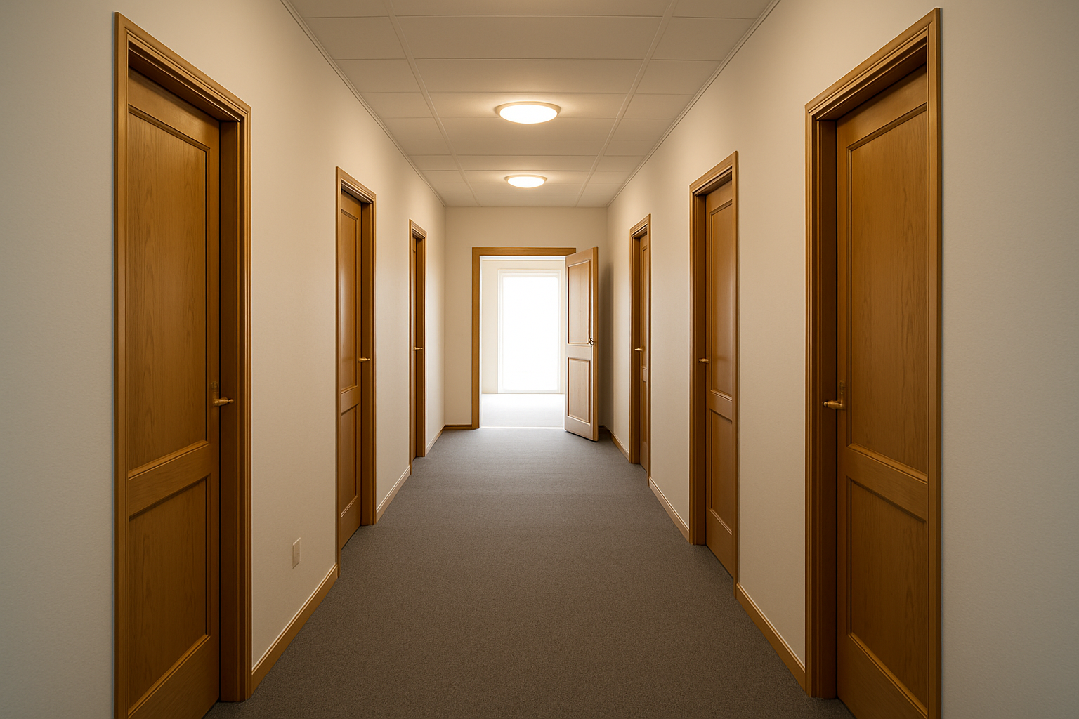 A corridor of doors closed leaning to a door open at the far end – light streaming through but the front of the corridor is quite dark